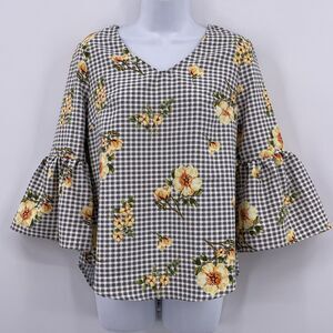 Valerie Stevens Sz S Gray Checkered V Neck Blouse Ruffle Bell Sleeve Flowers